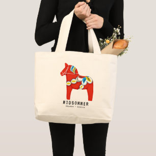 Custom Folk Art Red Dala Horse Large Tote Bag