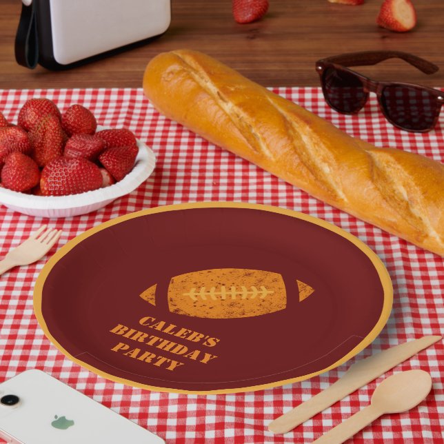 Custom Football Birthday Party Maroon Gold  Paper Plate (Picnic)