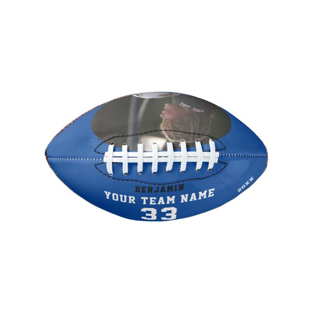 Custom Football Blue Name Number Team Photo Ball (Front)