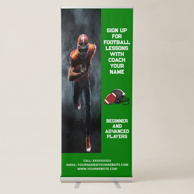 Custom Football Coach Coaching Class Lessons Green Retractable Banner (Front)