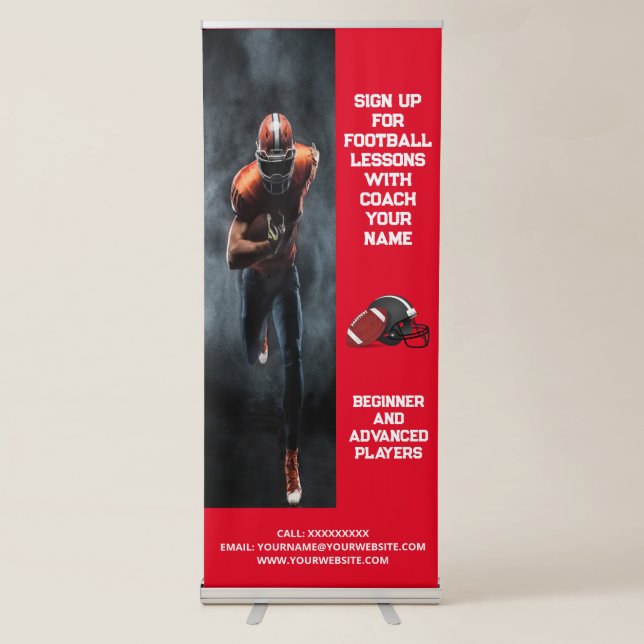 Custom Football Coach Coaching Class Lessons Red Retractable Banner (Front)