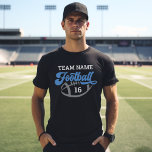 Custom Football Player Name and Number Black T-Shirt<br><div class="desc">Custom Front and Back Men's Football T-Shirt - shown in black
Design features script "Football" wording with text that can be customised for the team name,  player last name,  and jersey number. White,  blue,  and grey colours can be customised.</div>