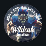 Custom Football Player Photo High School Spirit Magnet<br><div class="desc">This cool customised high school football player photo spirit magnet features white typography of your team and player name. Personalise with the mascot type across the athlete photograph.</div>