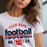 Custom Football Team Red White and Blue Women's<br><div class="desc">Custom Football Name and Player Number T-Shirt for Mum - shown in White
Design for football moms features retro lettering and custom text that can be personalised with a team name and player's jersey number. Red and blue colours can be customised.</div>