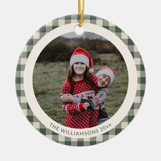 Custom Forest Green Plaid Rustic Photo Christmas Ceramic Tree Decoration (Front)