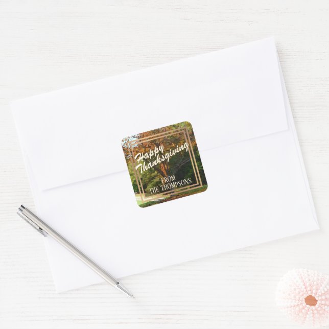 Custom Forest Watercolor Happy Thanksgiving Square Sticker (Envelope)