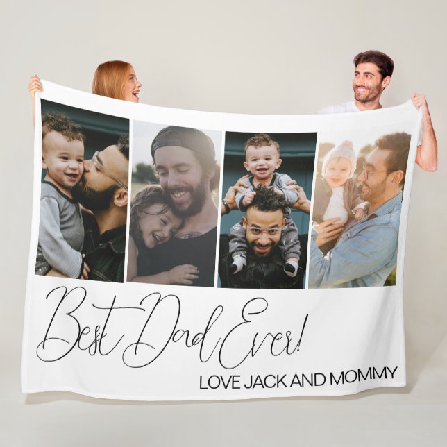 Custom Four Photo Collage Best Dad Ever Fleece Blanket (In Situ)