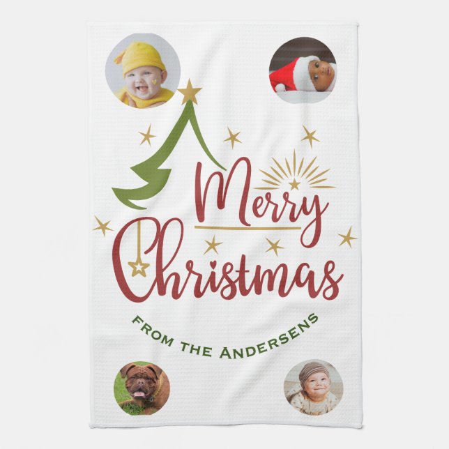 Custom Four-Photo 🎄 Holiday Gift Tea Towel (Vertical)
