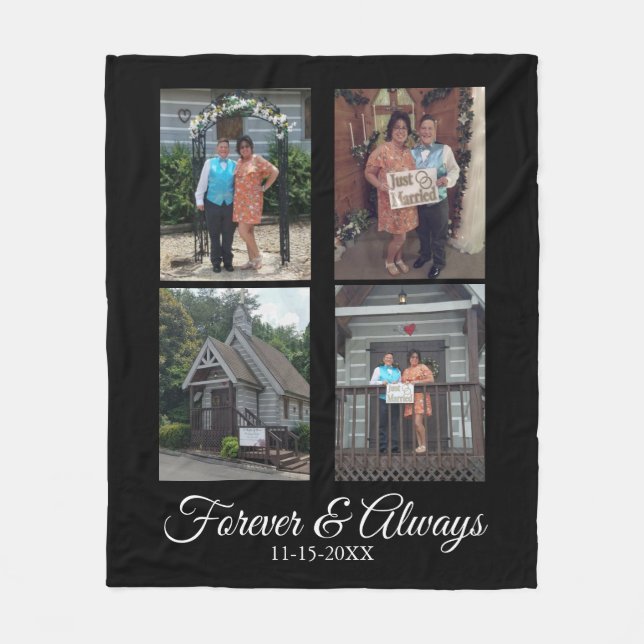 Custom Four Photo Wedding Modern Script Fleece Blanket (Front)