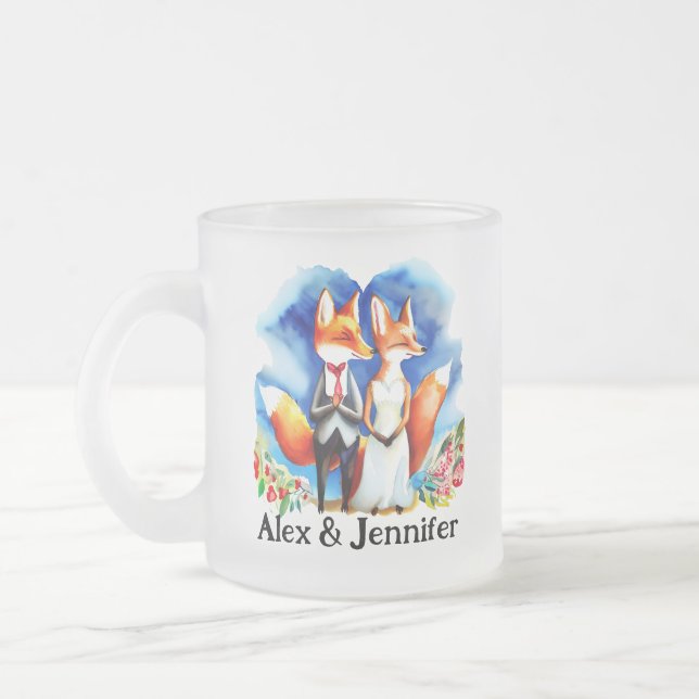 Custom Fox Couple Names Personalised Frosted Glass Coffee Mug (Left)