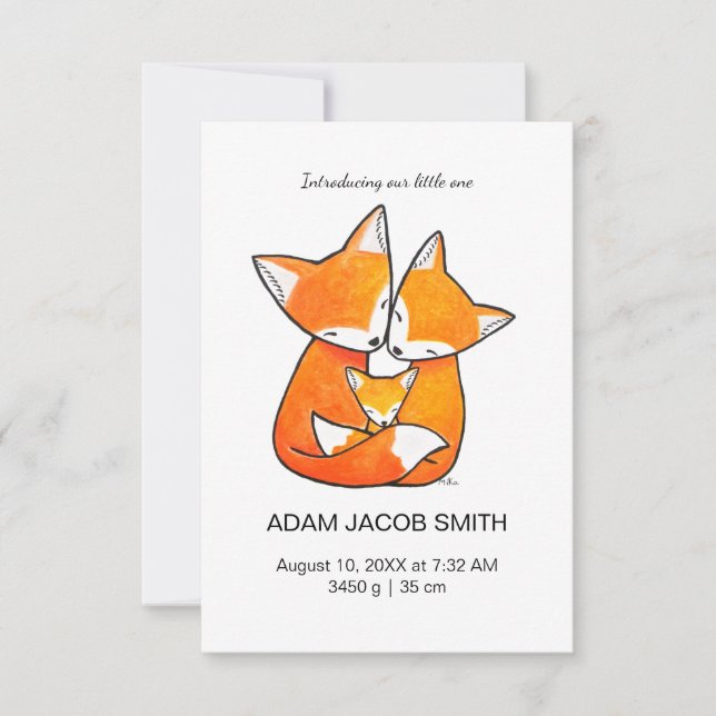 Custom Fox Family Baby Birth Announcement Card (Front)
