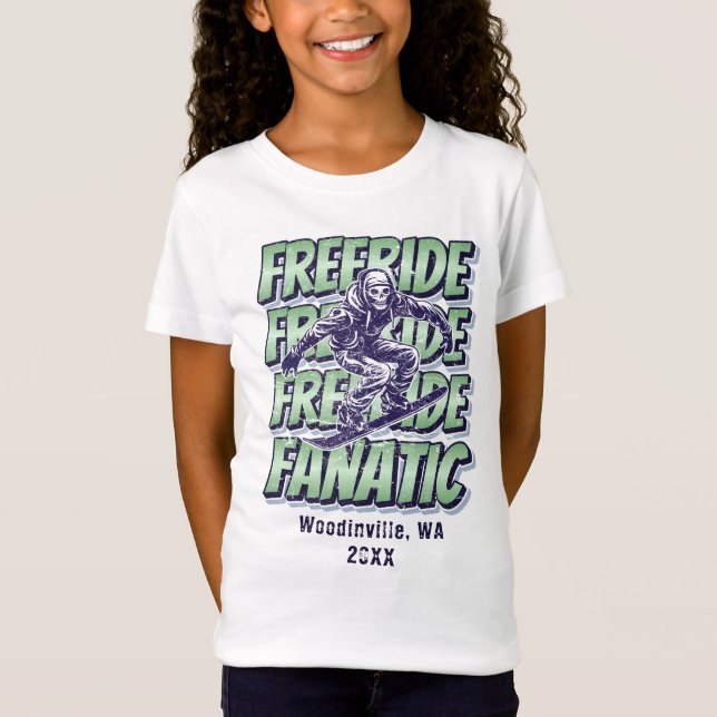 Custom Freeride Snowboarding Location Date Name T-Shirt (Front)