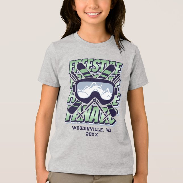 Custom Freestyle Skiing Location Date Name Tri-Blend Shirt (Front)