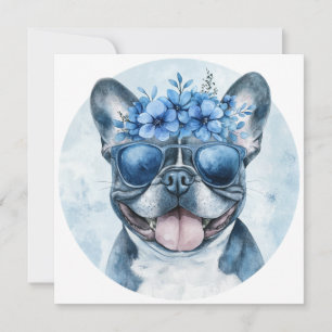 Custom French Bulldog Blue Floral Greeting Card