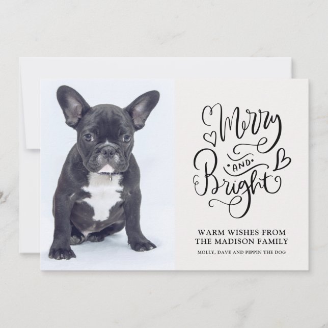 Custom French Bulldog Puppy Merry And Bright Photo Holiday Card (Front)