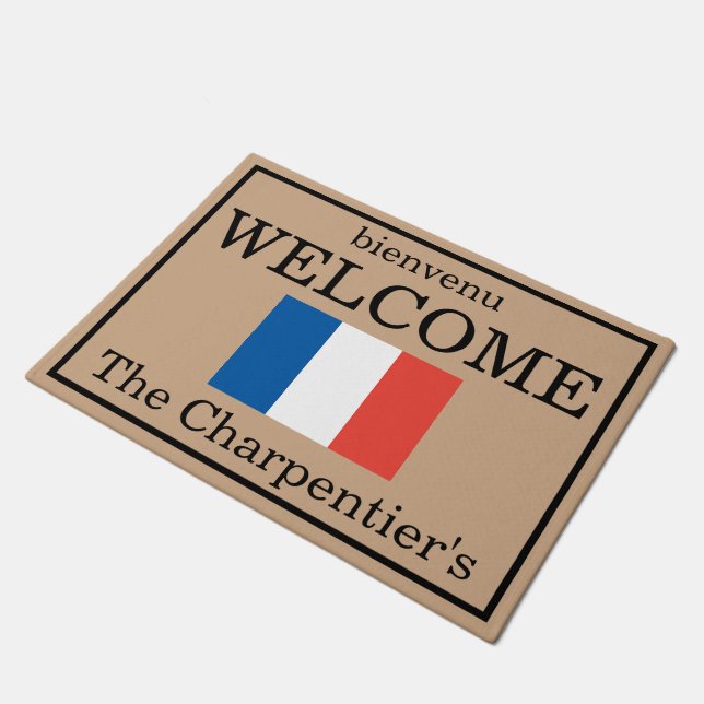 Custom French Flag Family Name Door Mat (Angled)