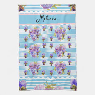 Custom French Pastel Purple Blue Pansy Womans Name Tea Towel