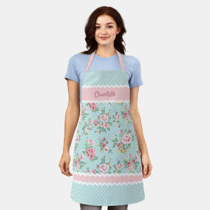 Custom French Pastel Teal Blue Blush Pink Roses Apron