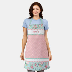 Custom French Pastel Teal Blue Blush Pink Roses Apron