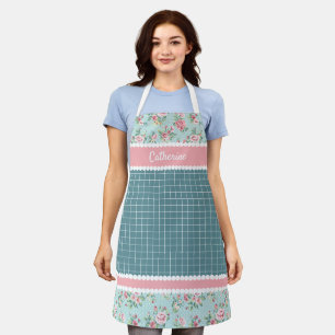 Custom French Pastel Teal Blue Blush Pink Roses Apron