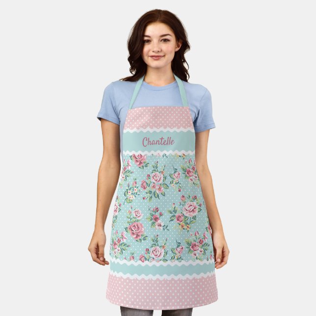 Custom French Pastel Teal Blue Blush Pink Roses Apron (Worn)