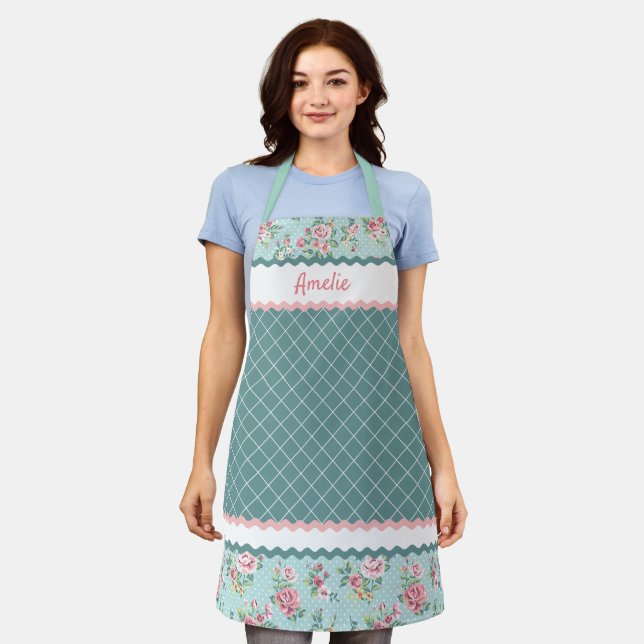 Custom French Pastel Teal Blue Blush Pink Roses Apron (Worn)