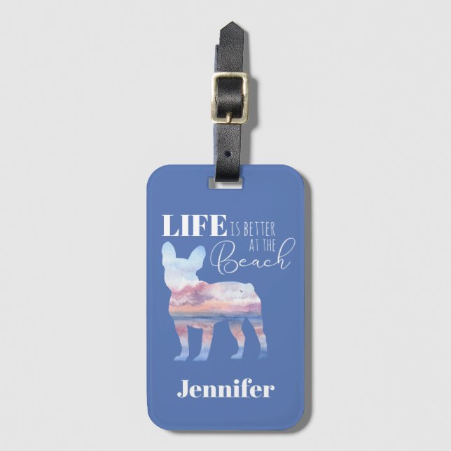 Custom Frenchie Beach Scene Luggage Tag (Front Vertical)