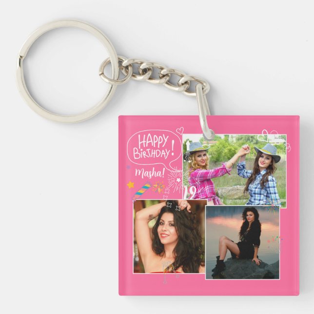 Custom Friend Happy Birthday Photo Collage  Key Ring (Front)