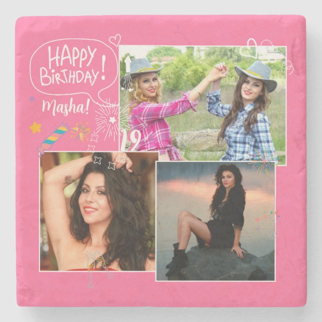Custom Friend Happy Birthday Photo Collage  Stone Coaster (Front)