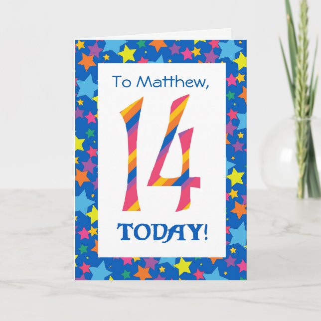 Custom Front 14th Birthday Bright Stripes, Stars Card (Front)