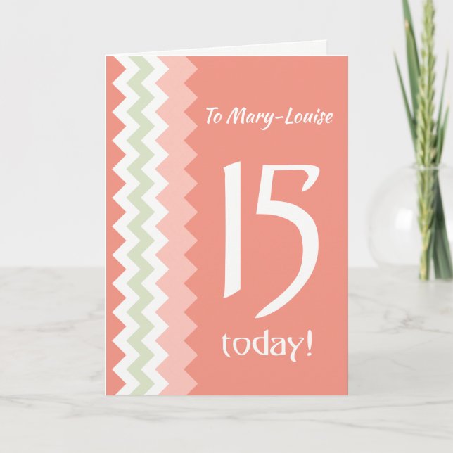 Custom Front 15th Birthday, Coral, Mint Chevrons Card (Front)