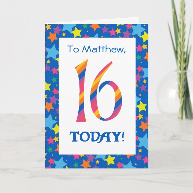 Custom Front 16th Birthday Bright Stripes, Stars Card (Front)