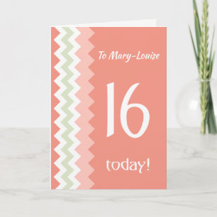 Custom Front 16th Birthday, Coral, Mint Chevrons Card
