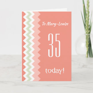Custom Front Any Age Birthday Coral Mint Chevrons Card