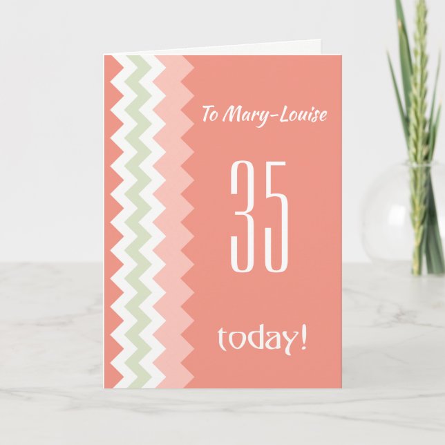 Custom Front Any Age Birthday Coral Mint Chevrons Card (Front)