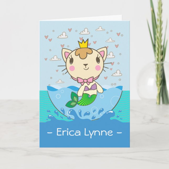 Custom Front Birthday, Add a Name, Purrmaid Mercat Card (Front)