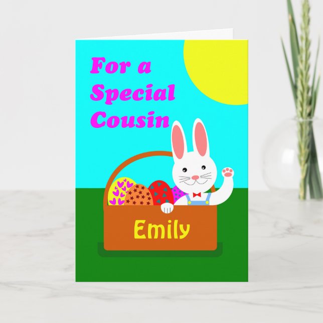 Custom Front Easter for Cousin, Add a Name, Bunny Holiday Card (Front)
