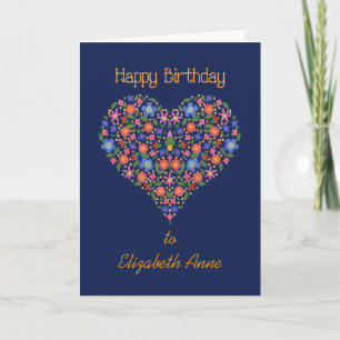Custom Front Folk Art Floral Heart Birthday Card