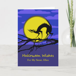 Custom Front Halloween for Sister, Cat on Branch Card