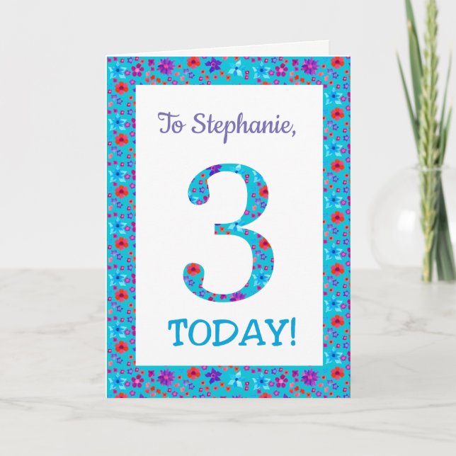 Custom Front Pretty Floral 3rd Birthday Card Blue (Front)