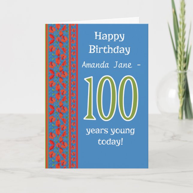 Custom Front Red Field Poppies 100th Birthday Card (Front)