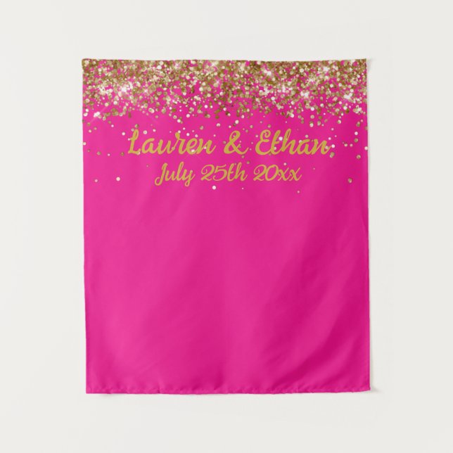 Custom Fuchsia & Gold Glitter Wedding Photo Booth Tapestry (Front)