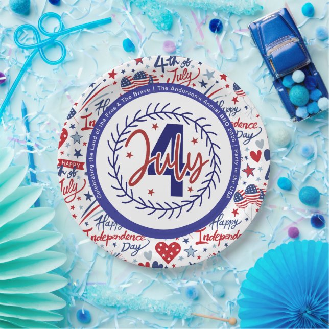 Custom Fun 4th July Red White Blue Paper Plate (Party)