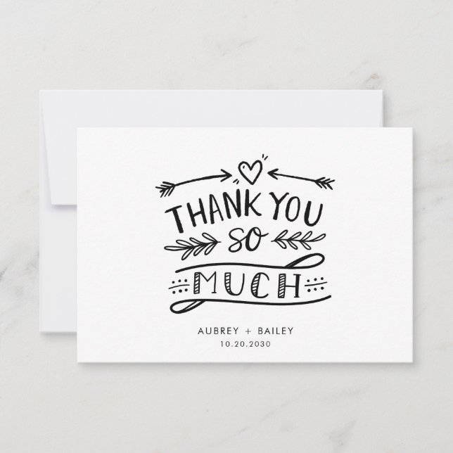 Custom Fun Calligraphy Heart Banner Wedding Thank You Card (Front)