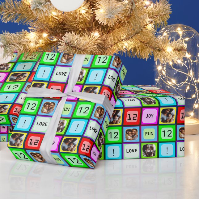 Custom Fun Colourful Personalised Text and 3 Photo Wrapping Paper (Holidays)