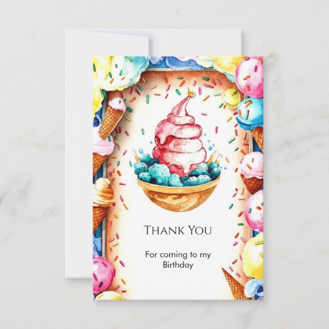 Custom Fun Creamy Ice Cream Birthday Thank You Card (Front)
