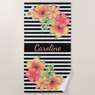 Custom Fun Floral Watercolor Cute Stripes Pattern Beach Towel
