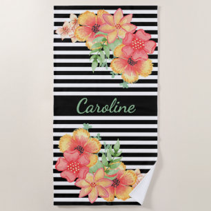 Custom Fun Floral Watercolor Cute Stripes Pattern Beach Towel