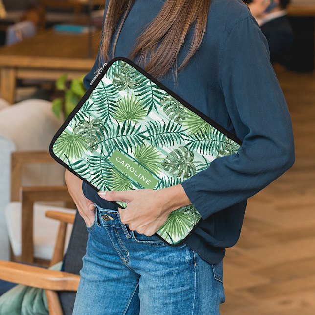 Custom Fun Hip Tropical Green Palm Leaves Pattern Laptop Sleeve (Creator Uploaded)
