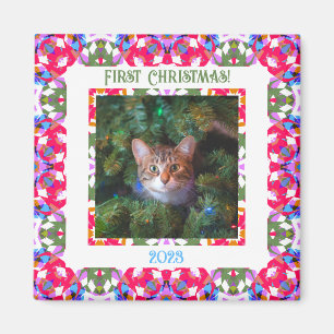 Custom Fun Jolly Red Festive First Christmas Photo Magnet